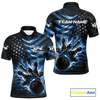 Front and back views of a black mens bowling polo shirt featuring a blue flame bowling ball striking pins with distressed American flag artwork.