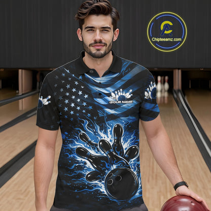Male model wearing a black bowling polo shirt at the lane with blue flame bowling graphics and patriotic-inspired accents.