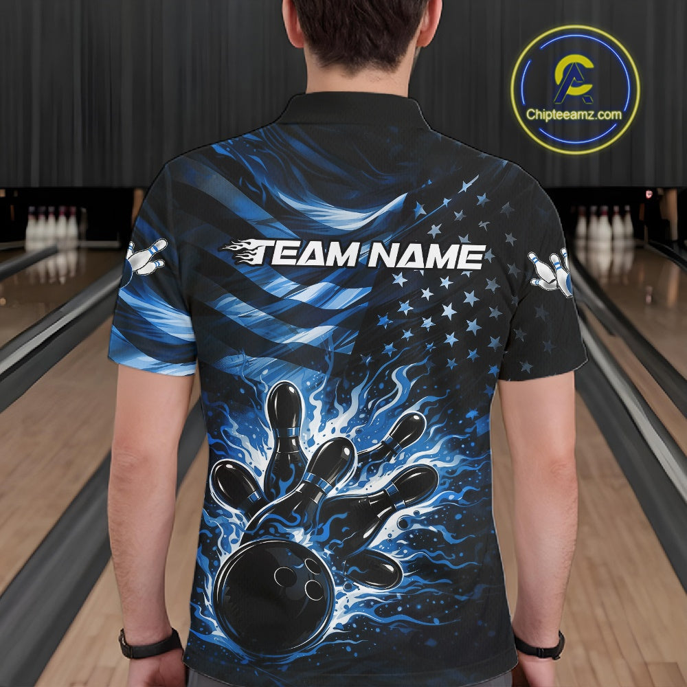 Back view of a male model in a black bowling polo shirt showcasing blue flame bowling strike artwork and flag motifs.
