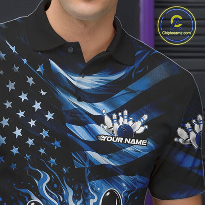 Left chest close-up of a black bowling polo shirt featuring blue flame bowling graphics and distressed flag details.