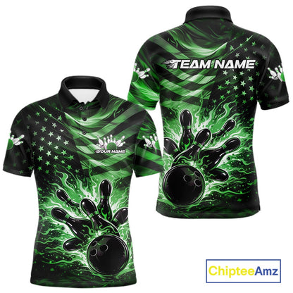 Front and back views of a black mens bowling polo shirt showcasing a green flame bowling ball striking pins with American flag-inspired graphics.