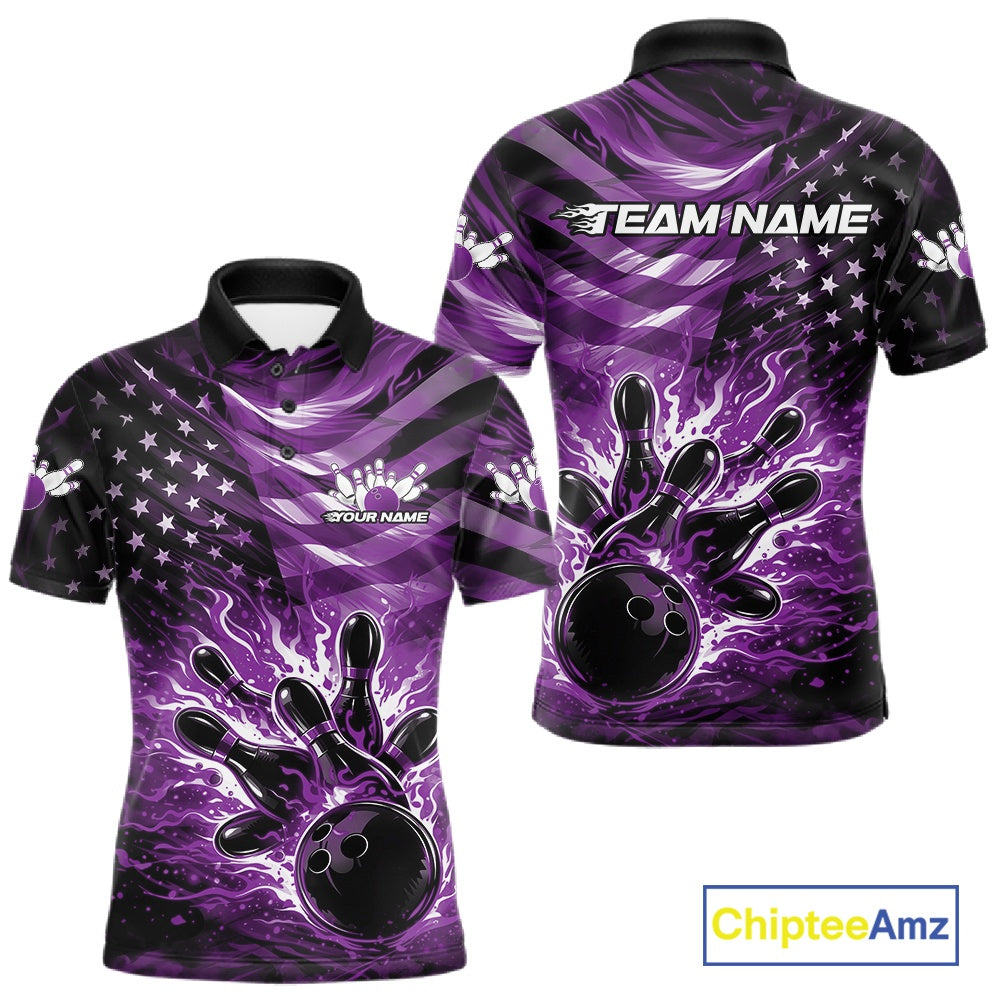 Front and back views of a black mens bowling polo shirt featuring a purple flame bowling ball striking pins with distressed American flag graphics.