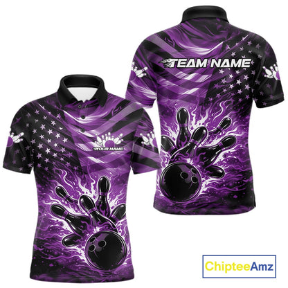 Front and back views of a black mens bowling polo shirt featuring a purple flame bowling ball striking pins with distressed American flag graphics.