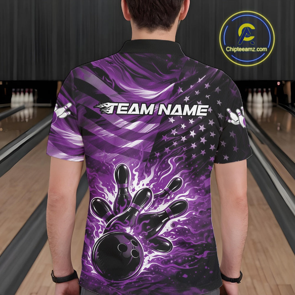 Back view of a male model in a black bowling polo shirt displaying purple flame bowling strike graphics and flag accents.