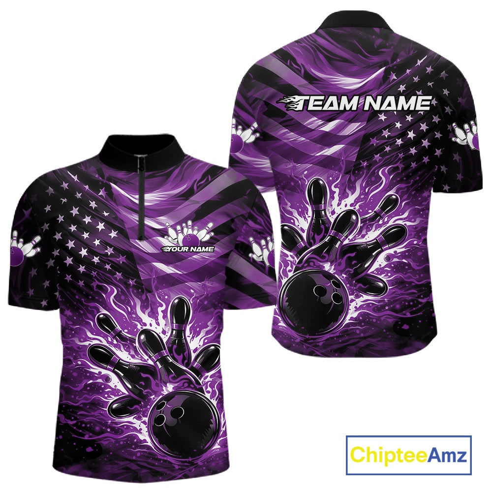 Front and back views of a black mens bowling quarter-zip shirt with a purple flame bowling ball striking pins and distressed American flag graphics.