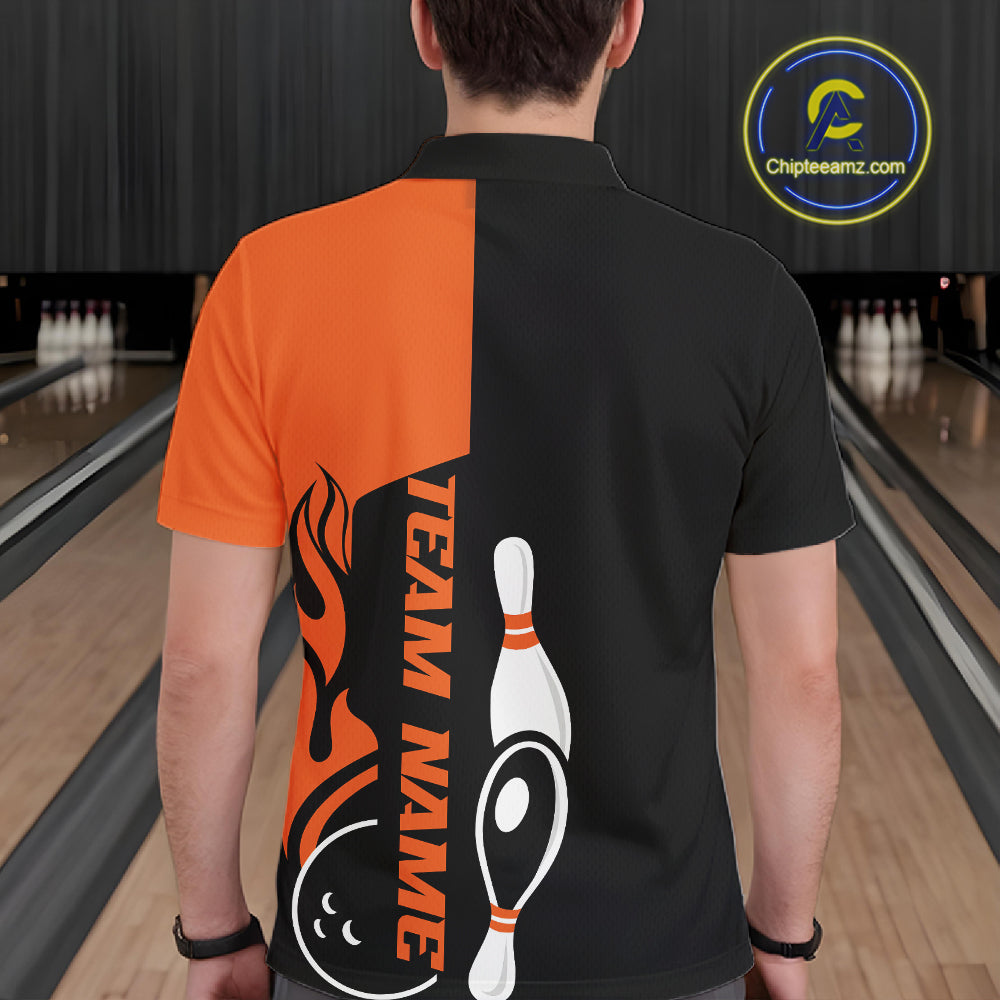 Custom Black And Orange Flame Strike Bowling Men Polo Shirt, Bowling Tournament Shirt IPHW10250