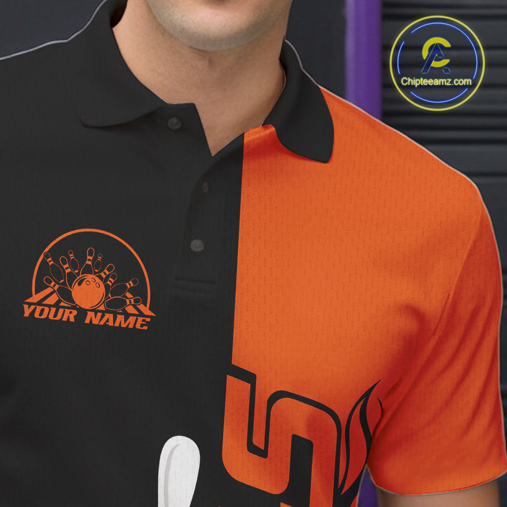 Custom Black And Orange Flame Strike Bowling Men Polo Shirt, Bowling Tournament Shirt IPHW10250