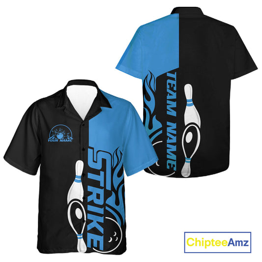 Custom Black And Blue Flame Strike Bowling Men And Women Hawaiian Shirt, Bowling Tournament Shirt IPHW10251