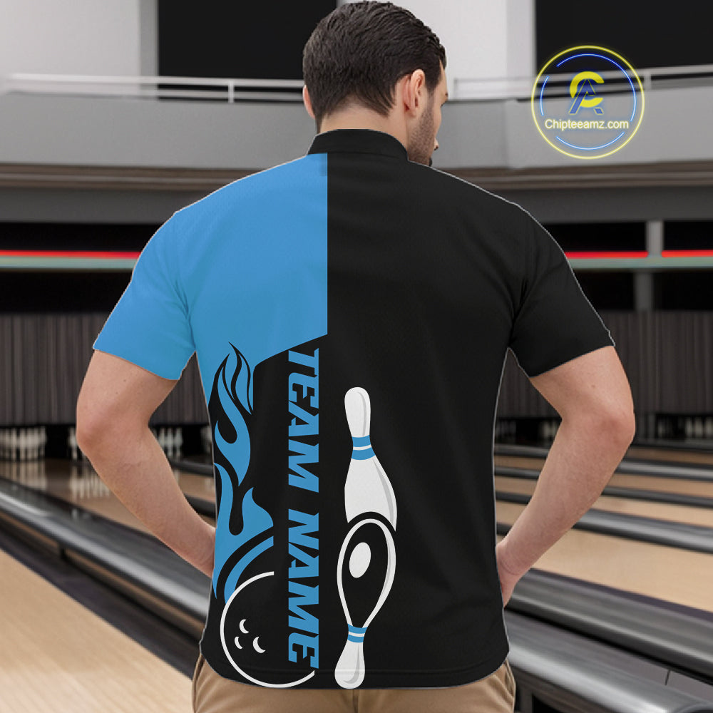 Custom Black And Blue Flame Strike Bowling Men Quarter-Zip Shirt, Bowling Tournament Shirt IPHW10251