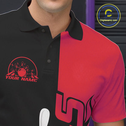 Custom Black And Red Flame Strike Bowling Men Polo Shirt, Bowling Tournament Shirt IPHW10252