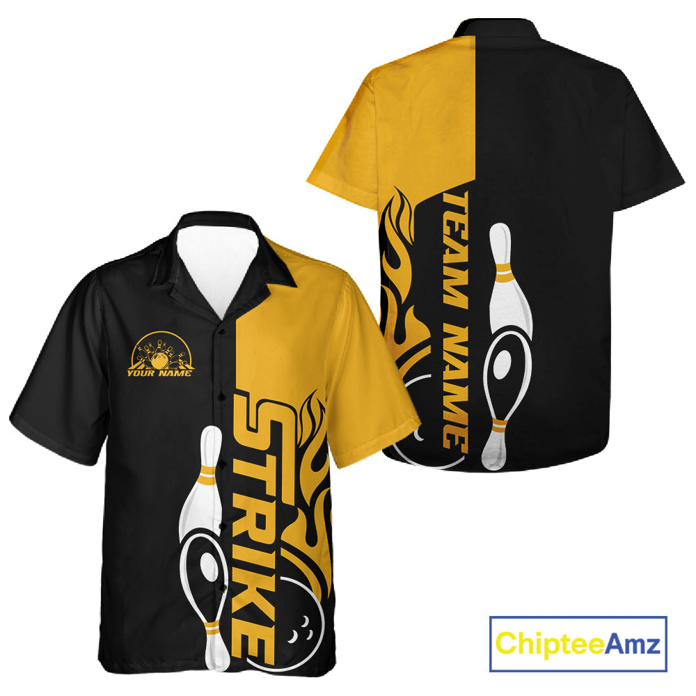 Custom Black And Gold Flame Strike Bowling Men And Women Hawaiian Shirt, Bowling Tournament Shirt IPHW10253