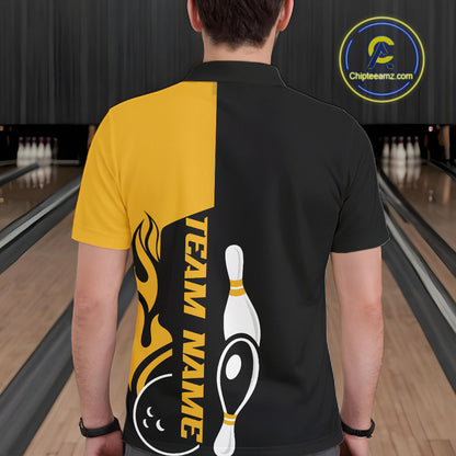Custom Black And Gold Flame Strike Bowling Men Polo Shirt, Bowling Tournament Shirt IPHW10253
