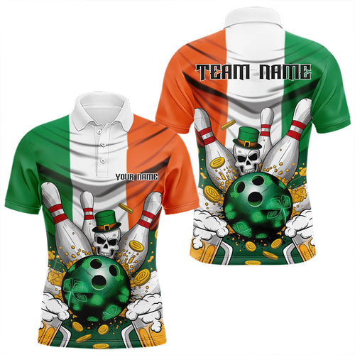 Custom Irish Flag St Patricks Day Bowling Polo Team Shirts For Men, Skull Leprechaun Bowling IPHW8588