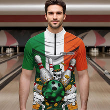 Load image into Gallery viewer, Custom Irish Flag St Patricks Day Bowling Quarter-Zip Team Shirts For Men, Skull Leprechaun Bowling IPHW8588