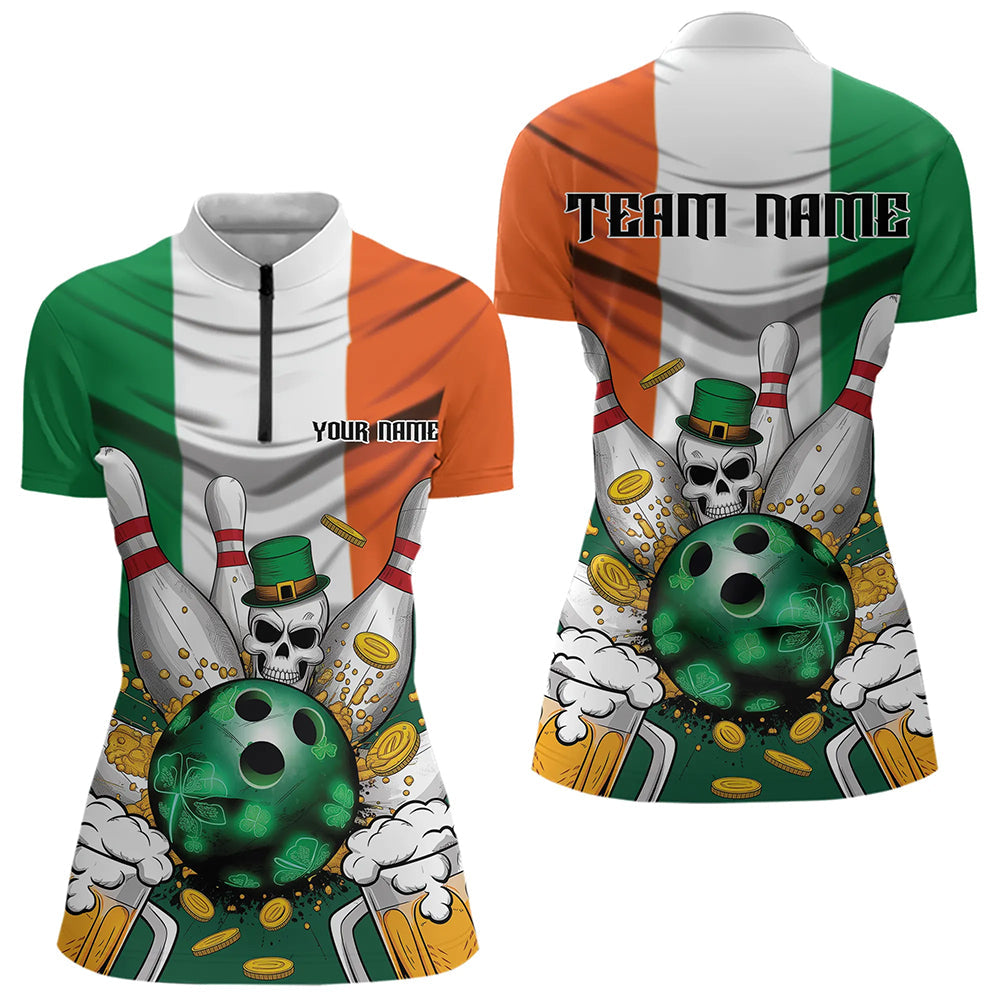 Custom Irish Flag St Patricks Bowling Womens Quarter-Zip Shirts, Skull Leprechaun Bowling IPHW8588