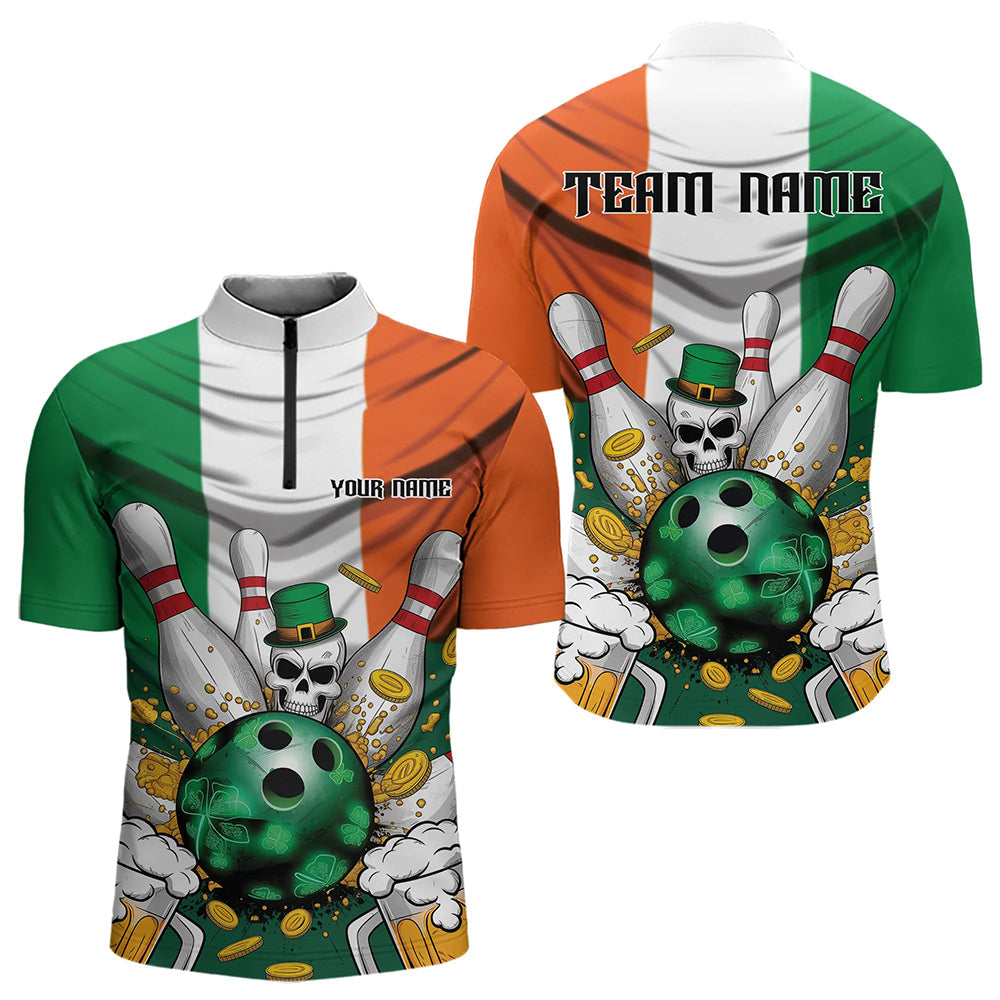 Custom Irish Flag St Patricks Day Bowling Quarter-Zip Team Shirts For Men, Skull Leprechaun Bowling IPHW8588