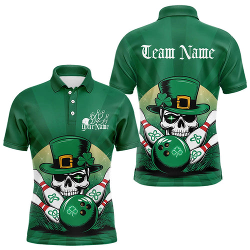 Custom Green Skull St Patricks Day Bowling Polo Shirt For Men, Lucky Bowling Tournament Shirt IPHW8591