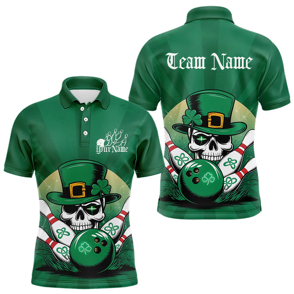 Custom Green Skull St Patricks Day Bowling Polo Shirt For Men, Lucky Bowling Tournament Shirt IPHW8591