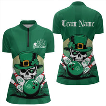 Load image into Gallery viewer, Custom Green Skull St Patricks Bowling Womens Quarter-Zip Shirt, Lucky Bowling Shirt IPHW8591