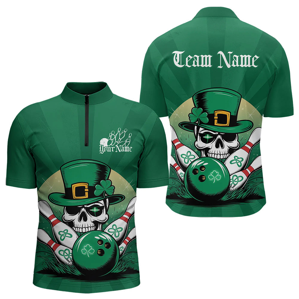Custom Green Skull St Patricks Day Bowling Quarter-Zip Shirt For Men, Lucky Bowling Tournament Shirt IPHW8591