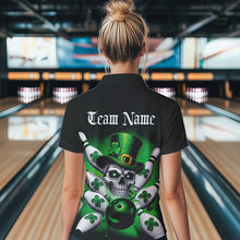 Load image into Gallery viewer, Custom Black And Green Lucky Clover St Patricks Day Skull Bowling Team Polo Shirt For Women IPHW8593