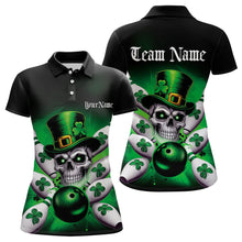 Load image into Gallery viewer, Custom Black And Green Lucky Clover St Patricks Day Skull Bowling Team Polo Shirt For Women IPHW8593