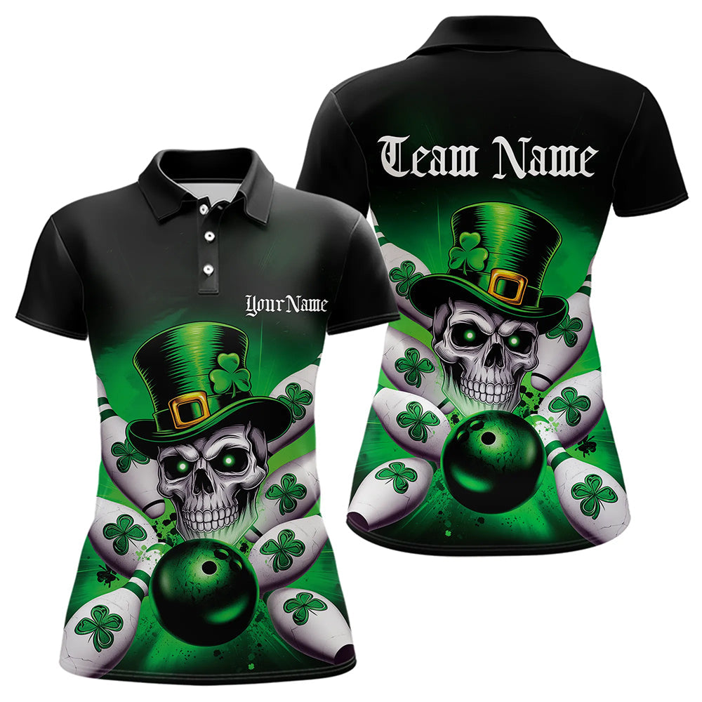 Custom Black And Green Lucky Clover St Patricks Day Skull Bowling Team Polo Shirt For Women IPHW8593