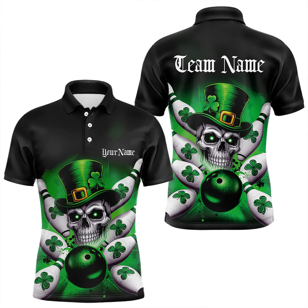 Custom Black And Green Lucky Clover St Patricks Day Skull Bowling Team Polo Shirts For Men IPHW8593