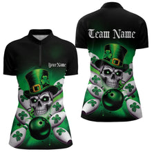 Load image into Gallery viewer, Custom Black And Green Lucky Clover St Patricks Skull Bowling Team Womens Quarter-Zip Shirt IPHW8593