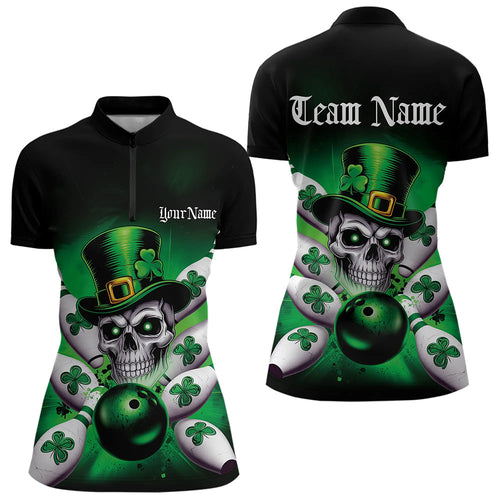 Custom Black And Green Lucky Clover St Patricks Skull Bowling Team Womens Quarter-Zip Shirt IPHW8593