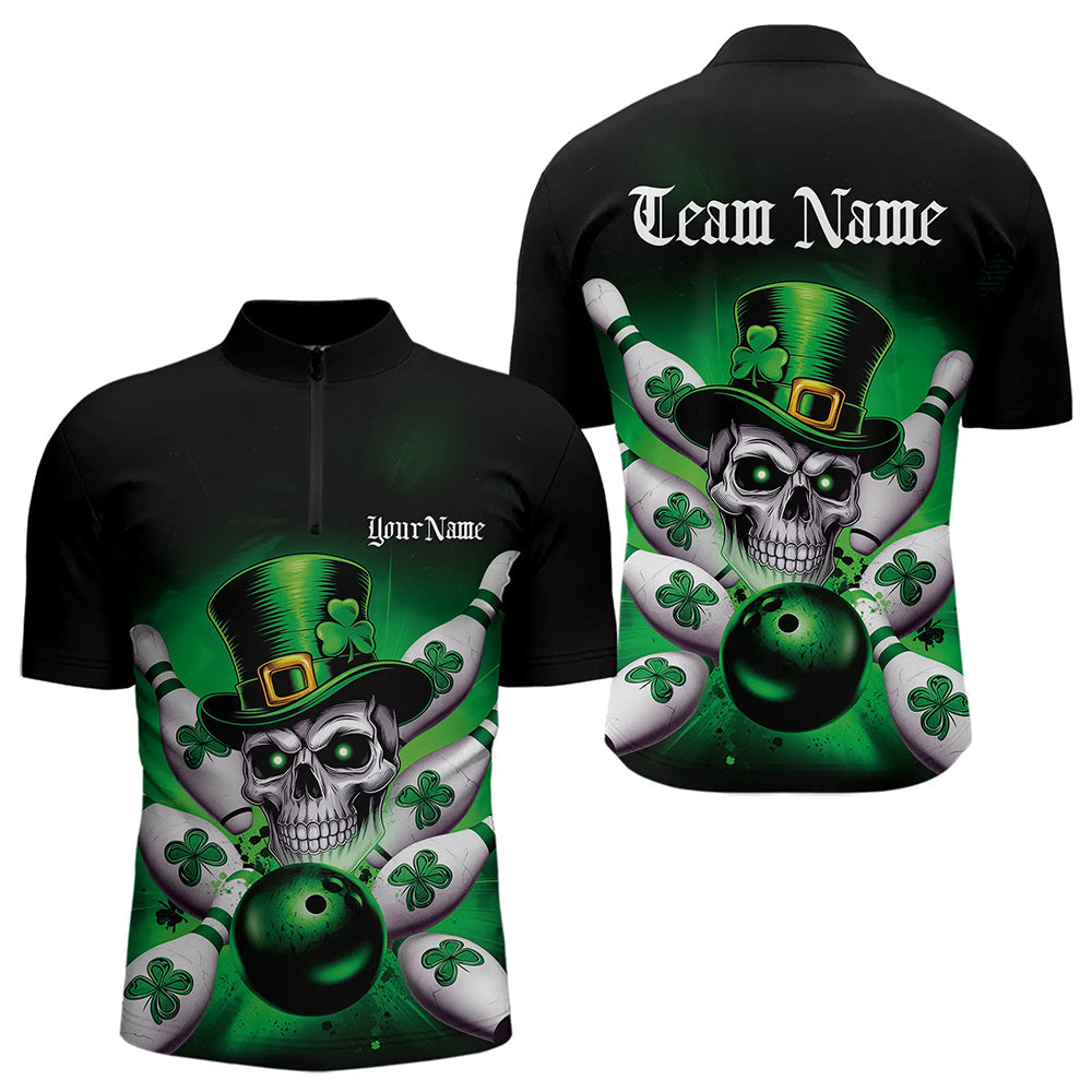 Custom Black And Green Lucky Clover St Patricks Day Skull Bowling Team Quarter-Zip Shirts For Men IPHW8593