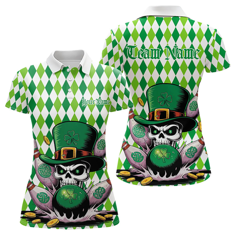 Custom White And Green St Patricks Argyle Skull Bowling Polo Shirts For Women Jerseys IPHW8596