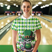 Load image into Gallery viewer, Custom White And Green St Patricks Argyle Skull Bowling Womens Quarter-Zip Shirts Jerseys IPHW8596