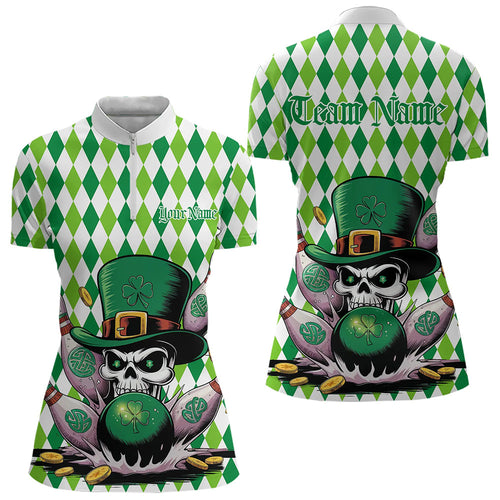 Custom White And Green St Patricks Argyle Skull Bowling Womens Quarter-Zip Shirts Jerseys IPHW8596