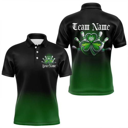 Custom Black And Green Lucky Clover St Patricks Day Skull Bowling Team Polo Shirts For Men IPHW8599