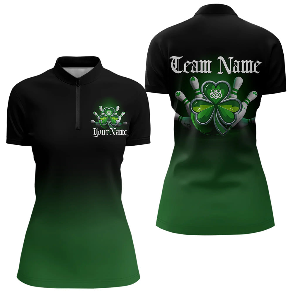 Custom Black And Green Lucky Clover St Patricks Skull Bowling Team Womens Quarter-Zip Shirt IPHW8599