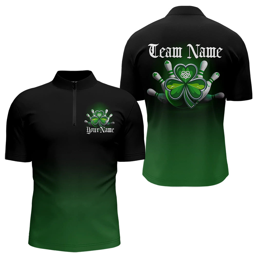 Custom Black And Green Lucky Clover St Patricks Day Skull Bowling Team Quarter-Zip Shirts For Men IPHW8599