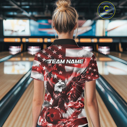 Custom Red Flaming American Flag Eagle Bowling Women Shirt, Patriotic Bowlers Outfit IPHW10779