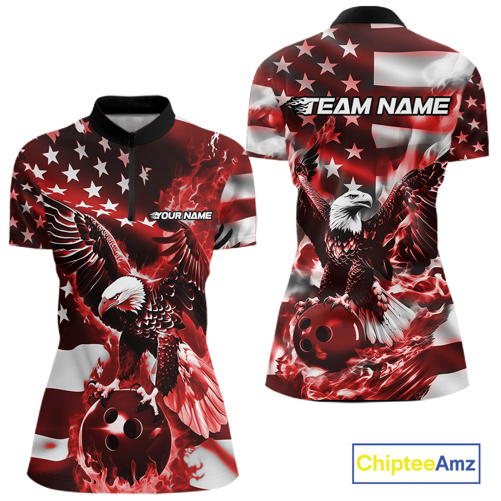 Custom Red Flaming American Flag Eagle Bowling Women Shirt, Patriotic Bowlers Outfit IPHW10779