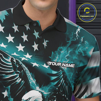 Custom Blue Flaming American Flag Eagle Bowling Team Men Shirt, Patriotic Bowlers Outfit IPHW10780