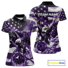 Load image into Gallery viewer, Custom Purple Flaming American Flag Eagle Bowling Team Women Shirt, Patriotic Bowlers Outfit IPHW10781