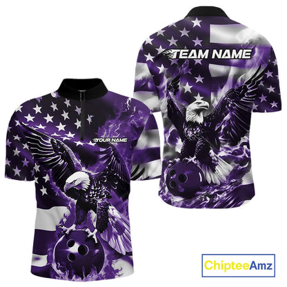 Custom Purple Flaming American Flag Eagle Bowling Team Men Shirt, Patriotic Bowlers Outfit IPHW10781