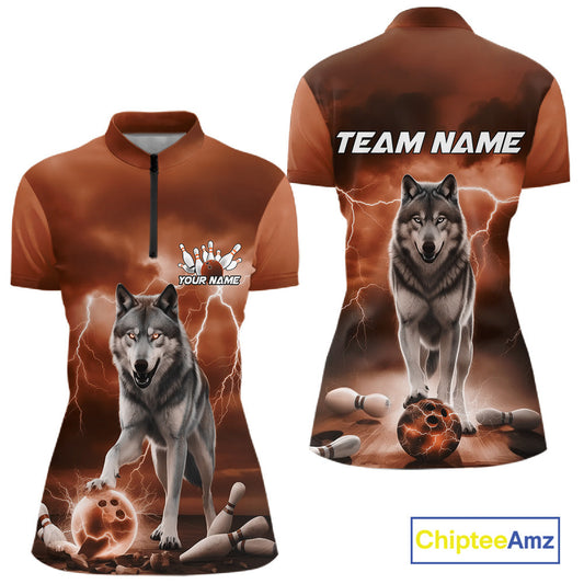Custom Orange Ligtning Wolf Bowling Team League Shirts For Women, Bowler Outfits IPHW10786