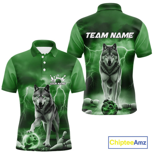 Custom Green Ligtning Wolf Bowling Team League Shirts For Men, Bowler Outfits IPHW10787