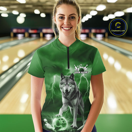 Custom Green Ligtning Wolf Bowling Team League Shirts For Women, Bowler Outfits IPHW10787