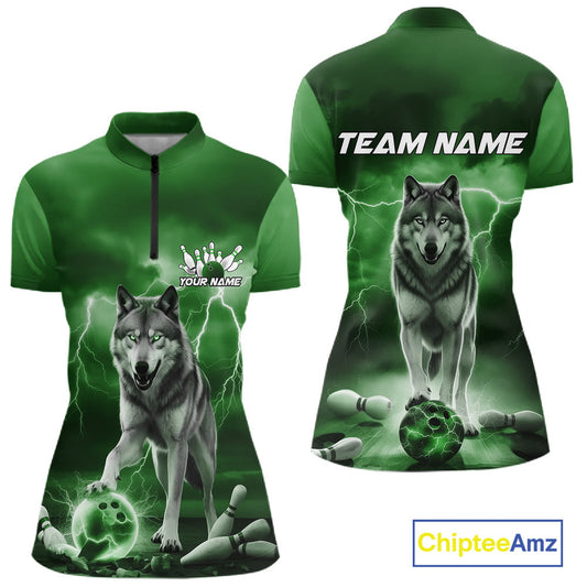 Custom Green Ligtning Wolf Bowling Team League Shirts For Women, Bowler Outfits IPHW10787