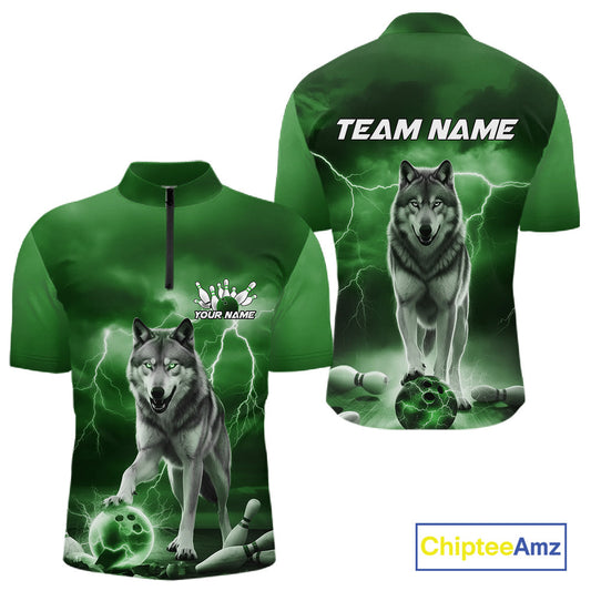 Custom Green Ligtning Wolf Bowling Team League Shirts For Men, Bowler Outfits IPHW10787