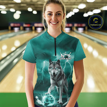 Load image into Gallery viewer, Custom Teal Blue Ligtning Wolf Bowling Team League Shirts For Women, Bowler Outfits IPHW10789