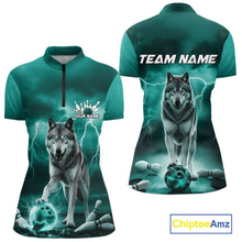 Load image into Gallery viewer, Custom Teal Blue Ligtning Wolf Bowling Team League Shirts For Women, Bowler Outfits IPHW10789