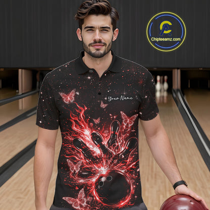 Male model in a black and red bowling polo shirt at the bowling lane with fiery strike artwork and glowing butterflies.